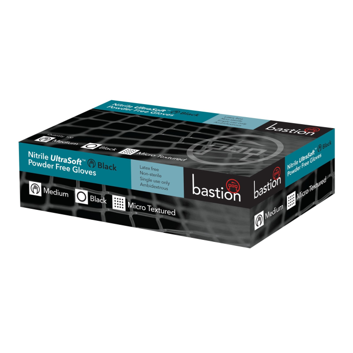 Bastion Nitrile Ultra Soft Black Gloves Pkt 100 - Micro Textured And Powder Free - Large