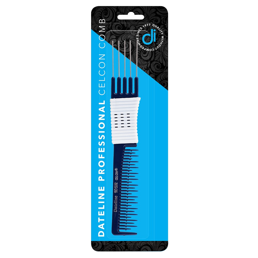 Dateline Professional Blue Celcon Teasing Comb With Rubber Grip And 5 Tails 8 105r - Stainless Steel