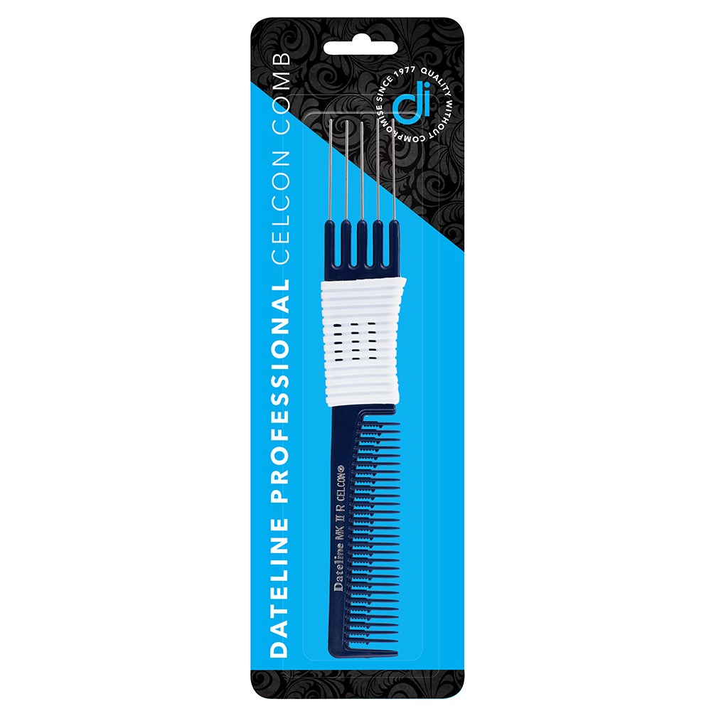 Dateline Professional Blue Celcon Teasing Comb With Rubber Grip And 5 Tails 7 1/2 Mkiir - Stainless Steel