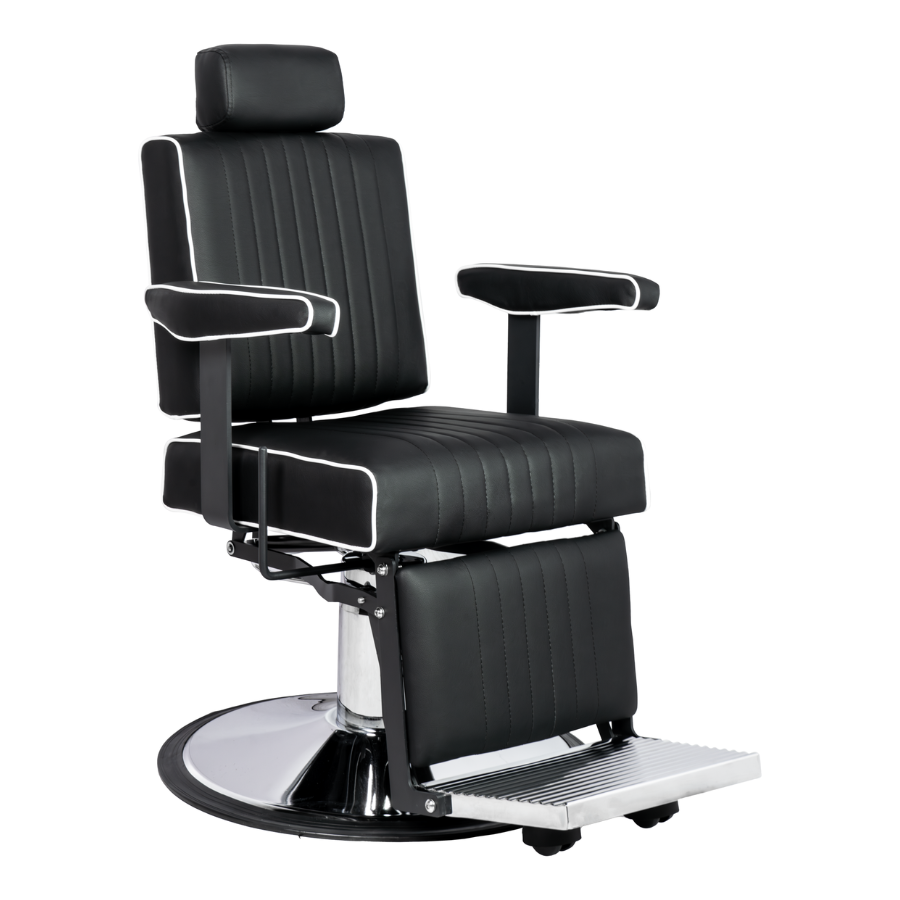 Karma Nerang Barber Chair Black & Chrome with White Piping