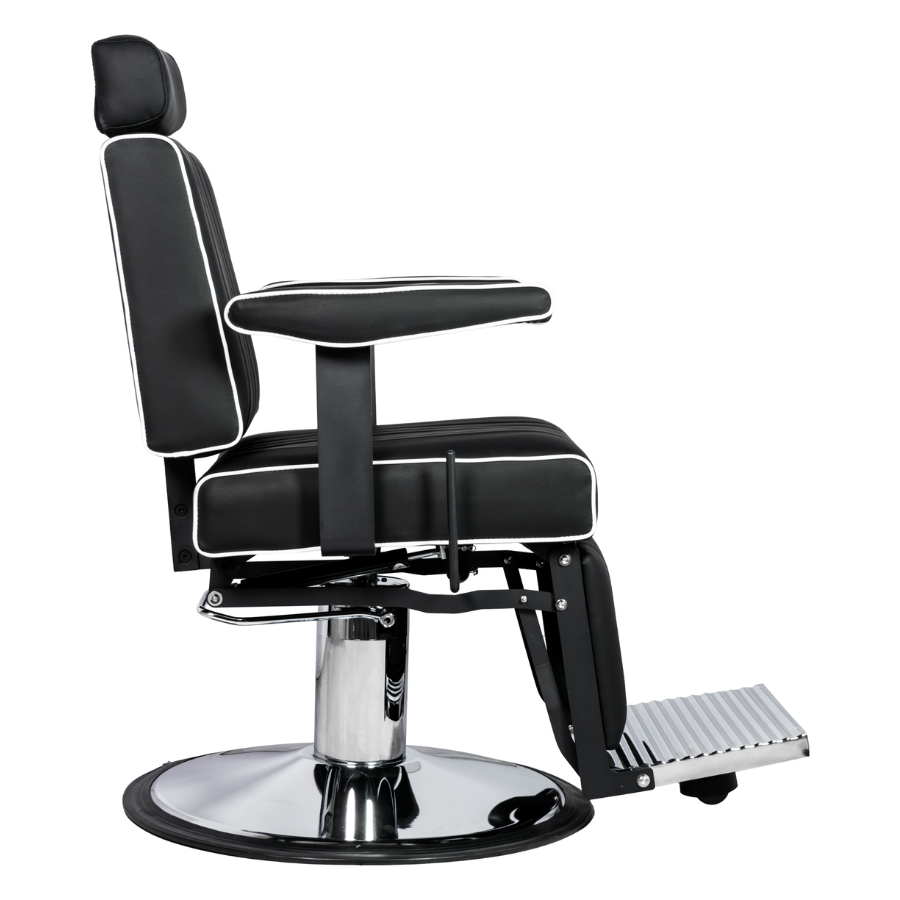 Karma Nerang Barber Chair Black & Chrome with White Piping